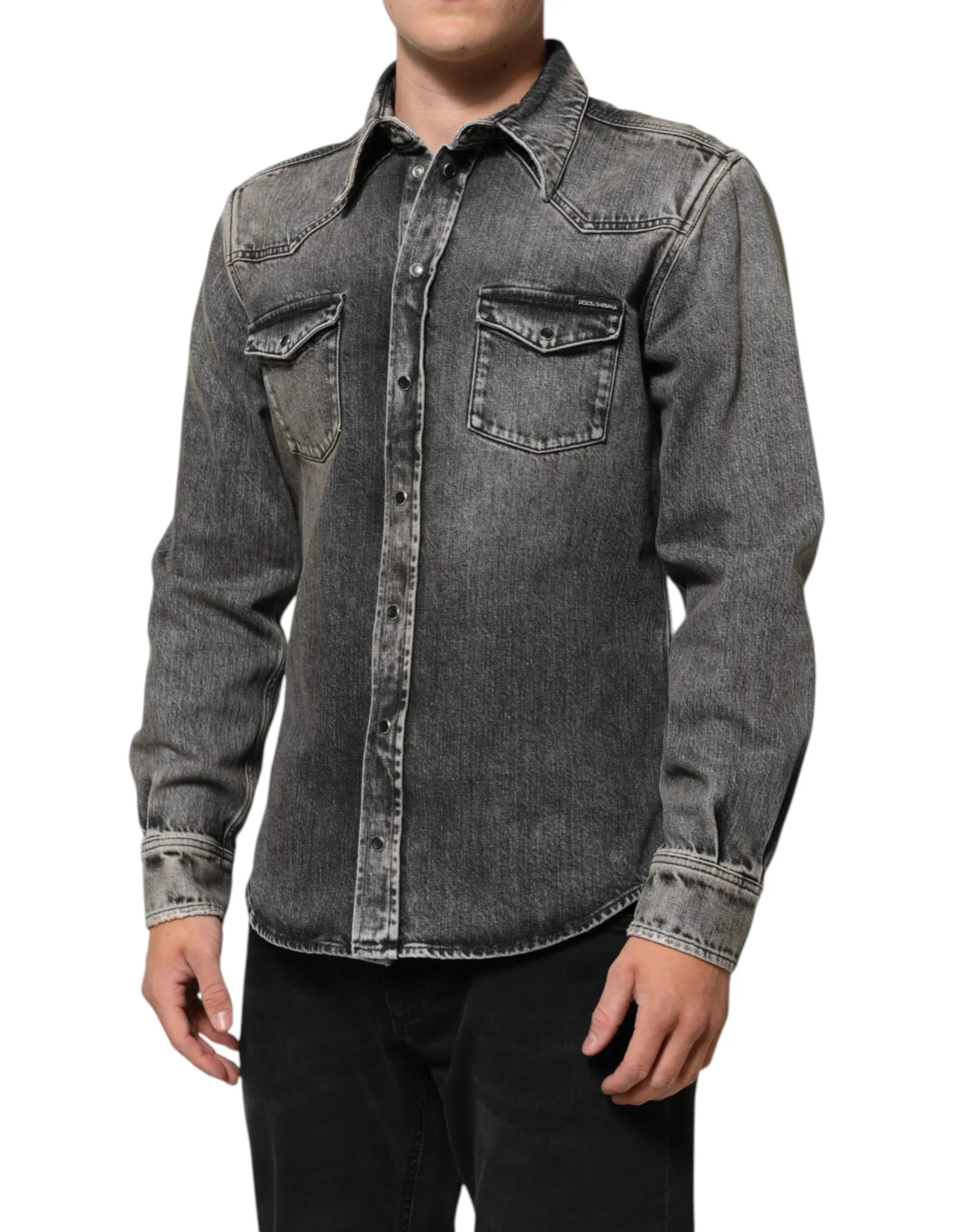 Dolce & Gabbana Black Washed Cotton Snap Long Sleeve Casual Shirt - Zeiniez
