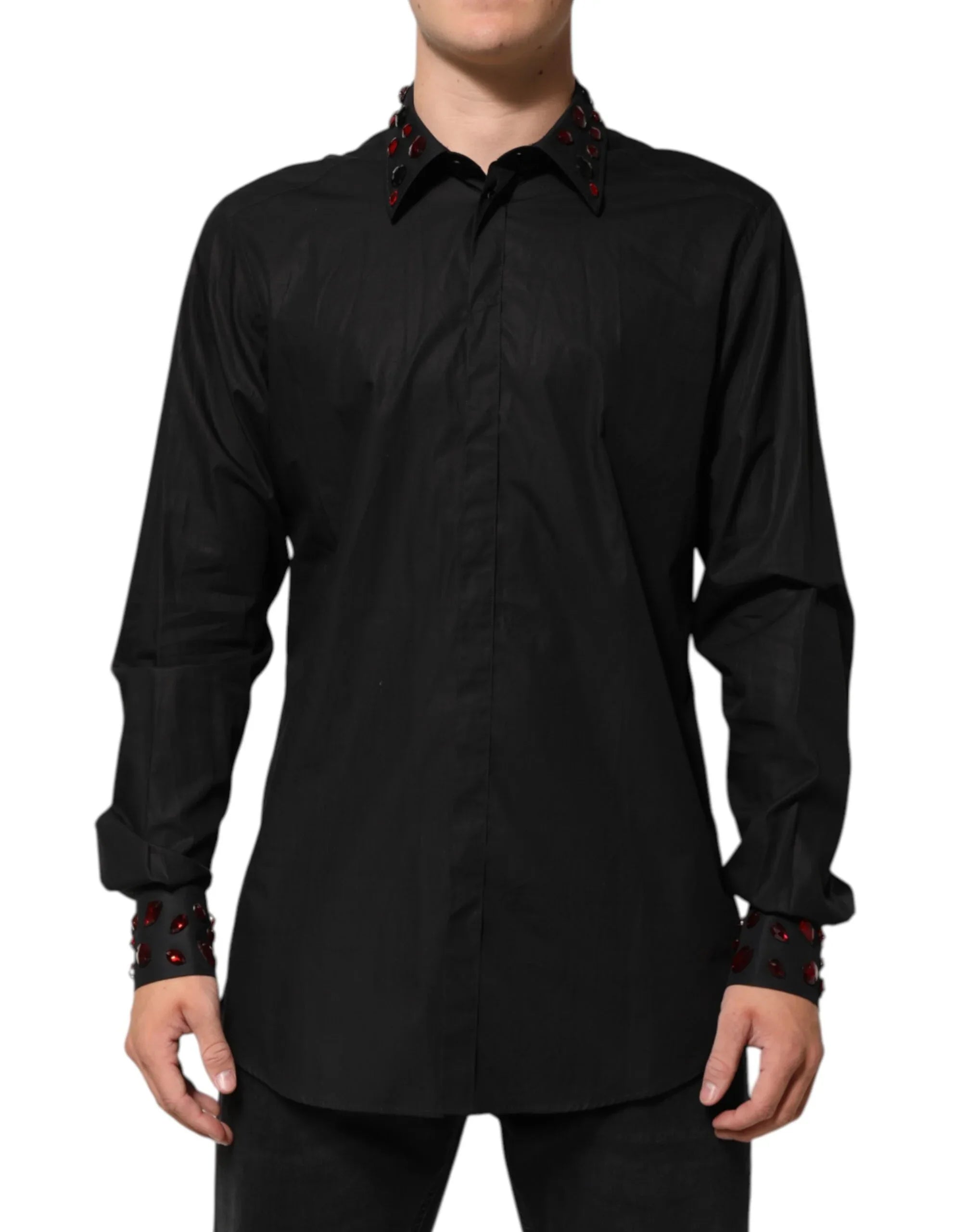 Dolce & Gabbana Black Cotton Embellished Collar Men’s Shirt - Zeiniez