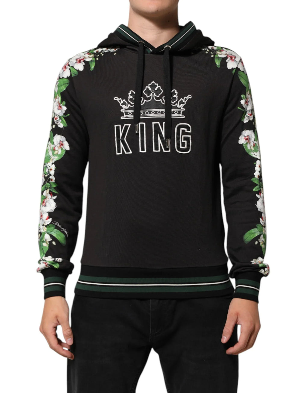 Dolce & Gabbana KING Black Orchid Floral Crown Logo Hoodie Sweater - Zeiniez