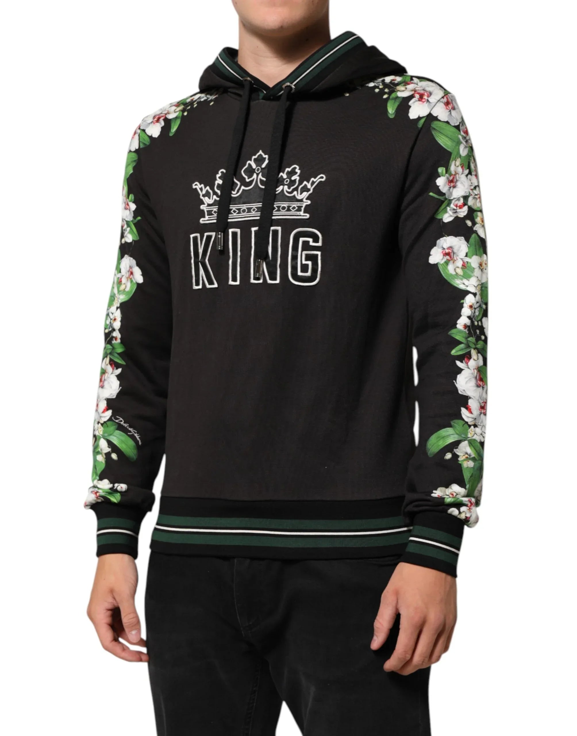 Dolce & Gabbana KING Black Orchid Floral Crown Logo Hoodie Sweater - Zeiniez