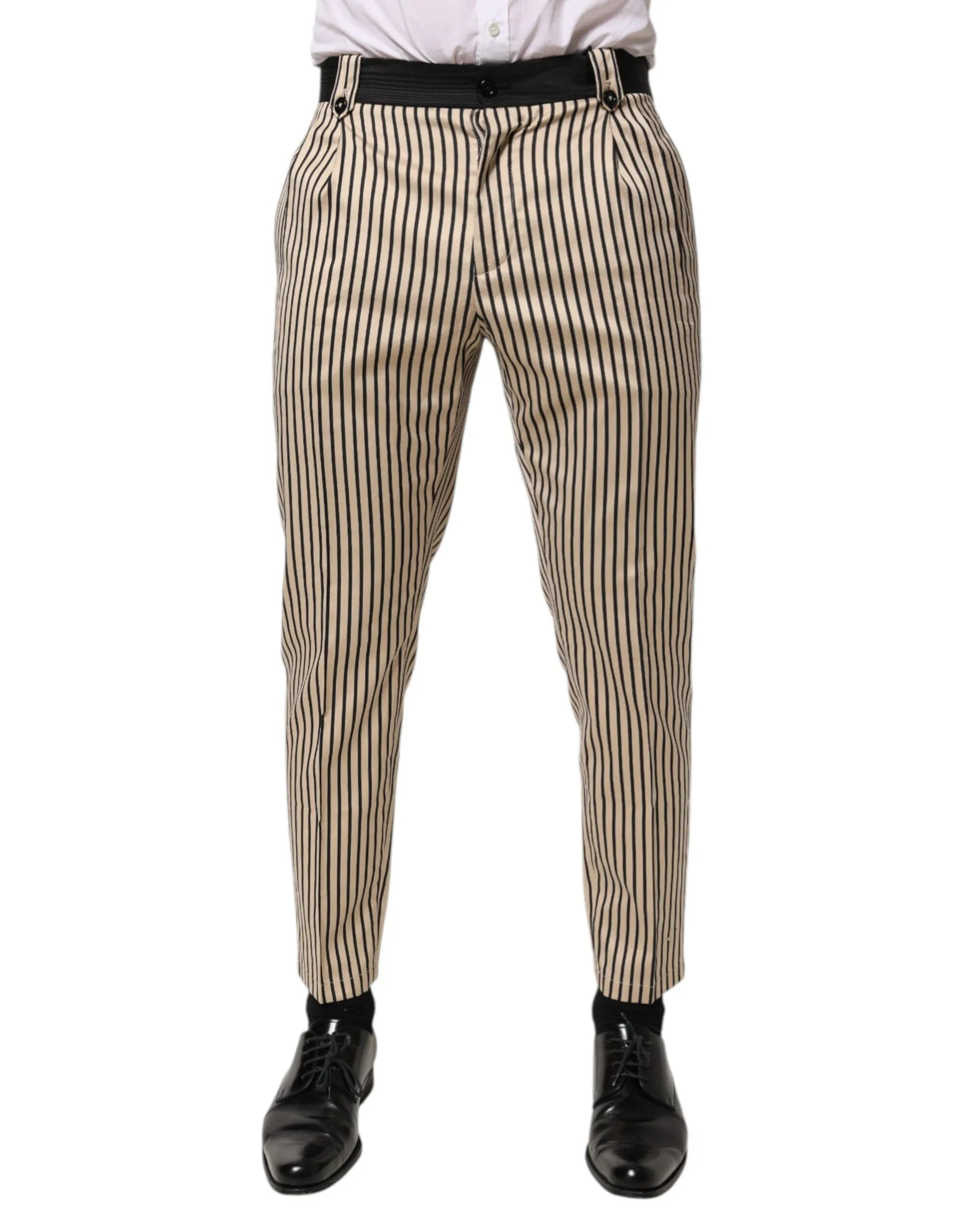 Dolce & Gabbana Beige Black Striped Cotton Slim Fit Trousers Pants - Zeiniez