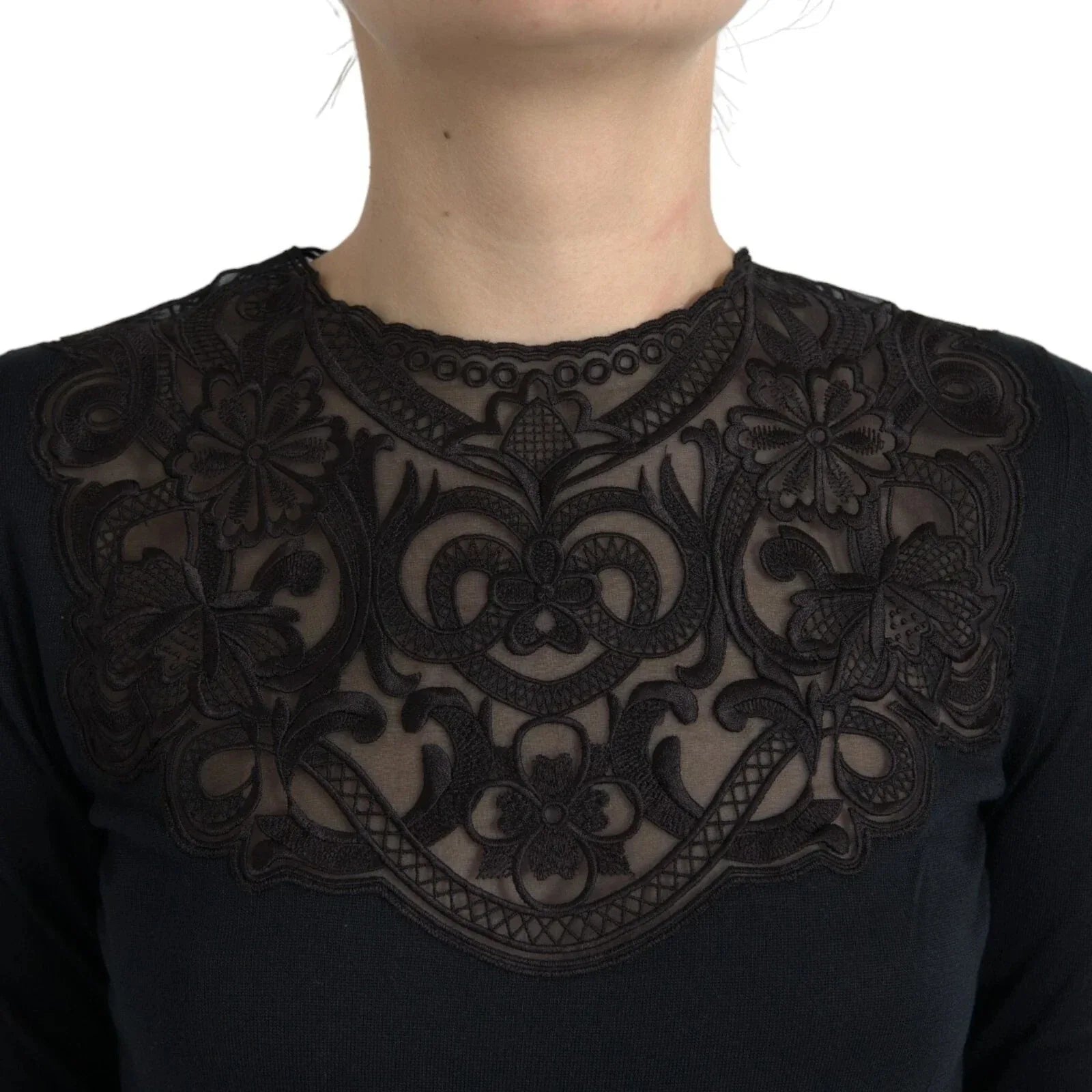 Dolce & Gabbana Black Silk Lace Trim Long Sleeves Blouse Top - Zeiniez