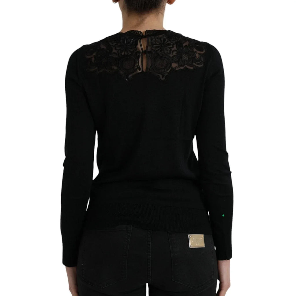 Dolce & Gabbana Black Silk Lace Trim Long Sleeves Blouse Top - Zeiniez