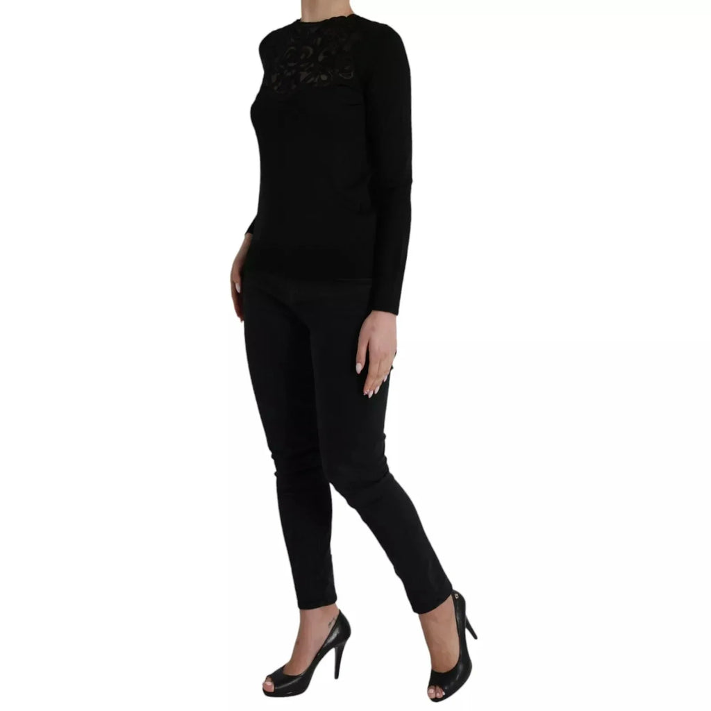 Dolce & Gabbana Black Silk Lace Trim Long Sleeves Blouse Top - Zeiniez