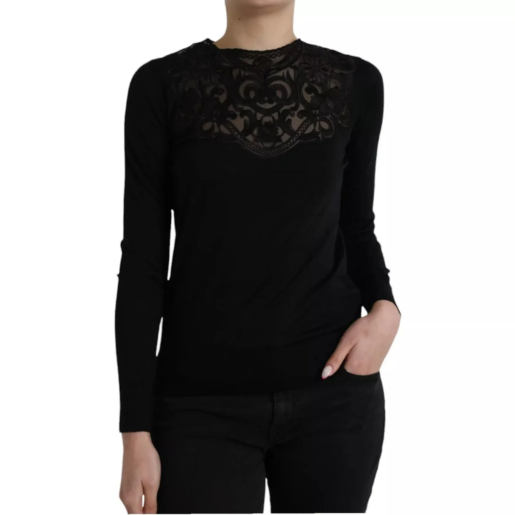 Dolce & Gabbana Black Silk Lace Trim Long Sleeves Blouse Top - Zeiniez