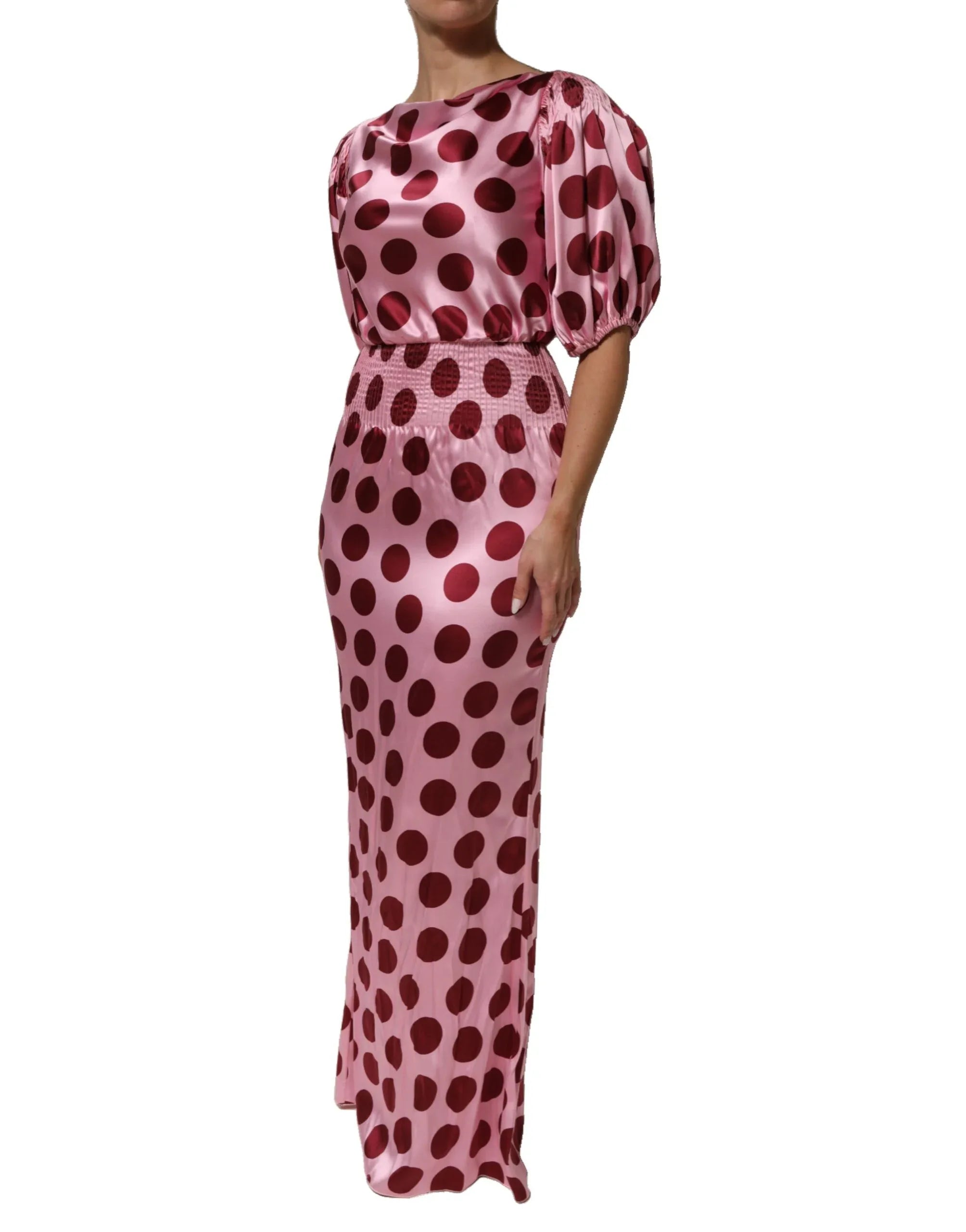Dolce & Gabbana Pink Red Polka Dot Silk Satin Maxi Gown Dress - Zeiniez
