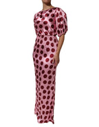 Dolce & Gabbana Pink Red Polka Dot Silk Satin Maxi Gown Dress