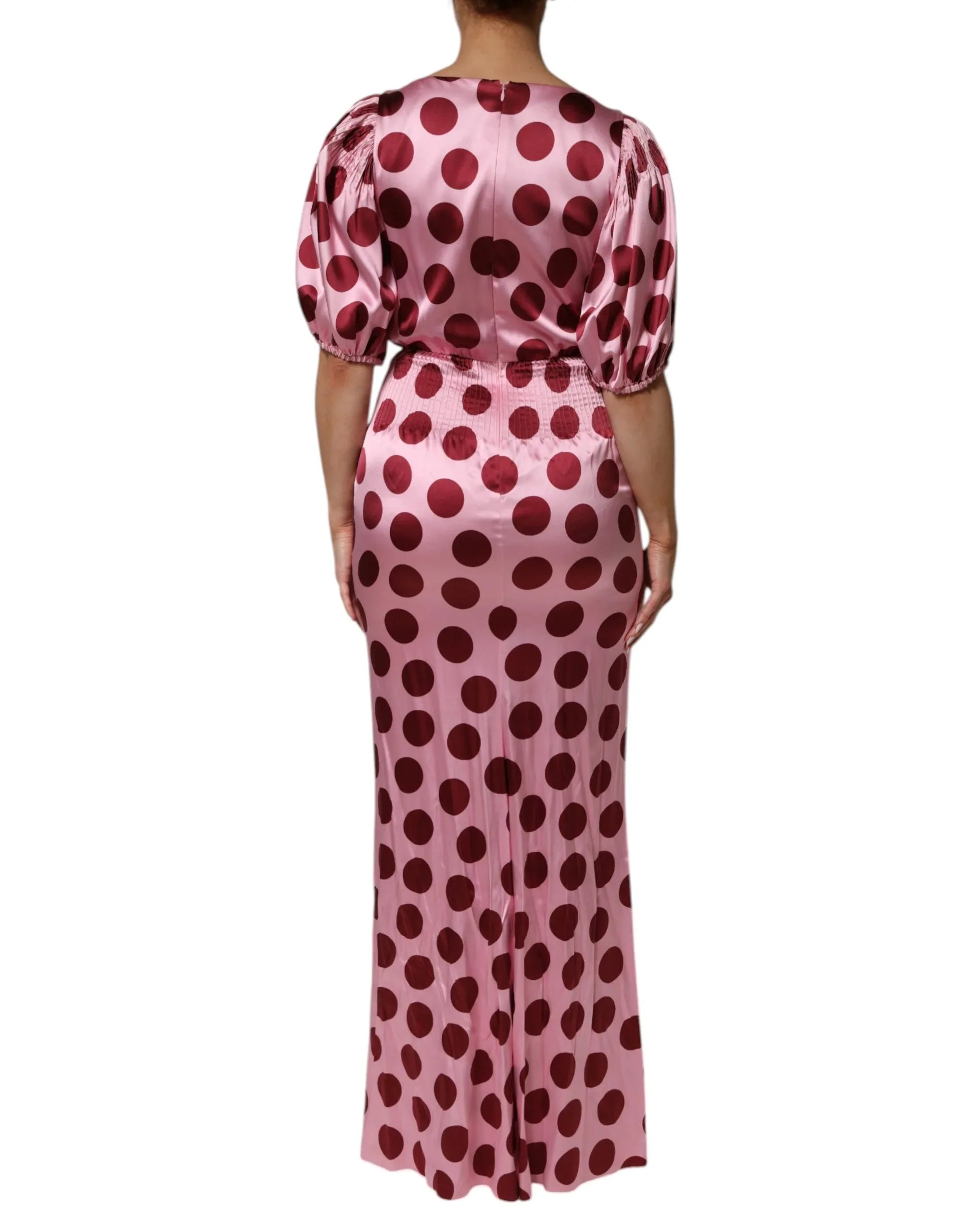 Dolce & Gabbana Pink Red Polka Dot Silk Satin Maxi Gown Dress - Zeiniez