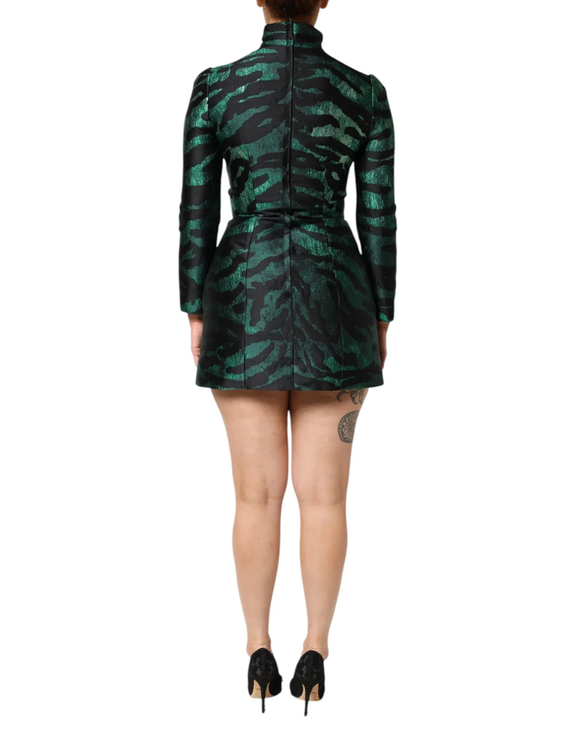 Dolce & Gabbana Black Green Metallic Jacquard Mini Long Dress - Zeiniez