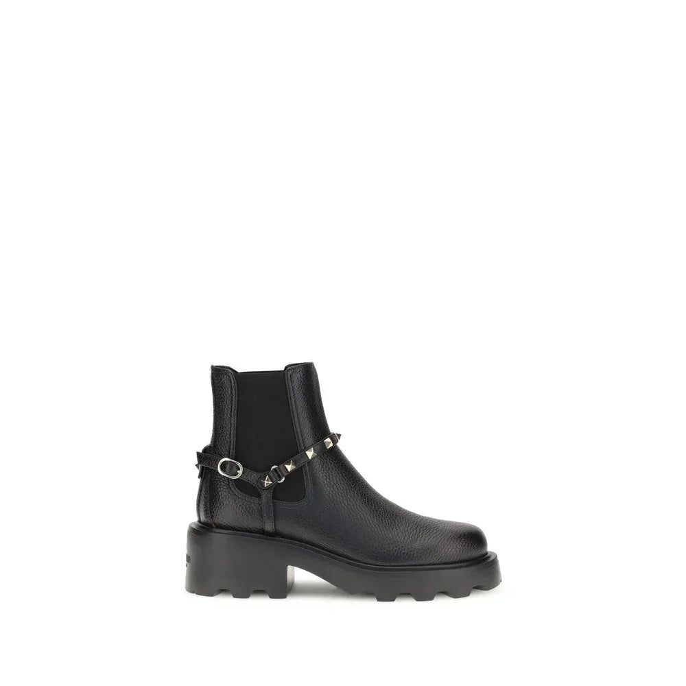 Valentino Garavani Black Calf Leather Bos Taurus Ankle Boots - Zeiniez