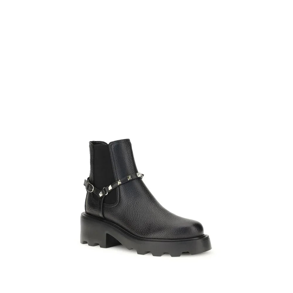 Valentino Garavani Black Calf Leather Bos Taurus Ankle Boots - Zeiniez