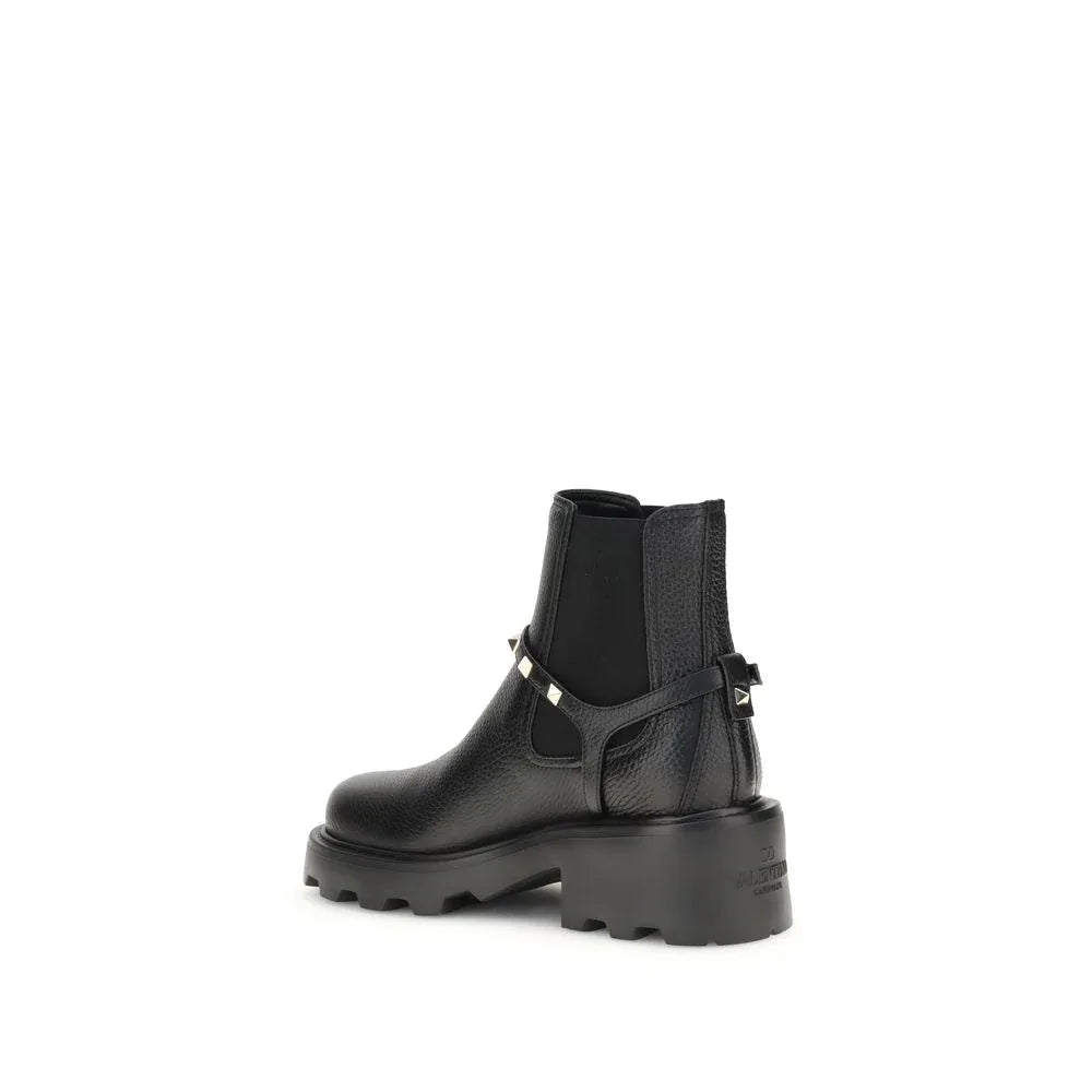 Valentino Garavani Black Calf Leather Bos Taurus Ankle Boots - Zeiniez