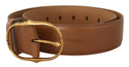 Costume National Brown Leather Gold Metal Oval Buckle Belt - Zeiniez
