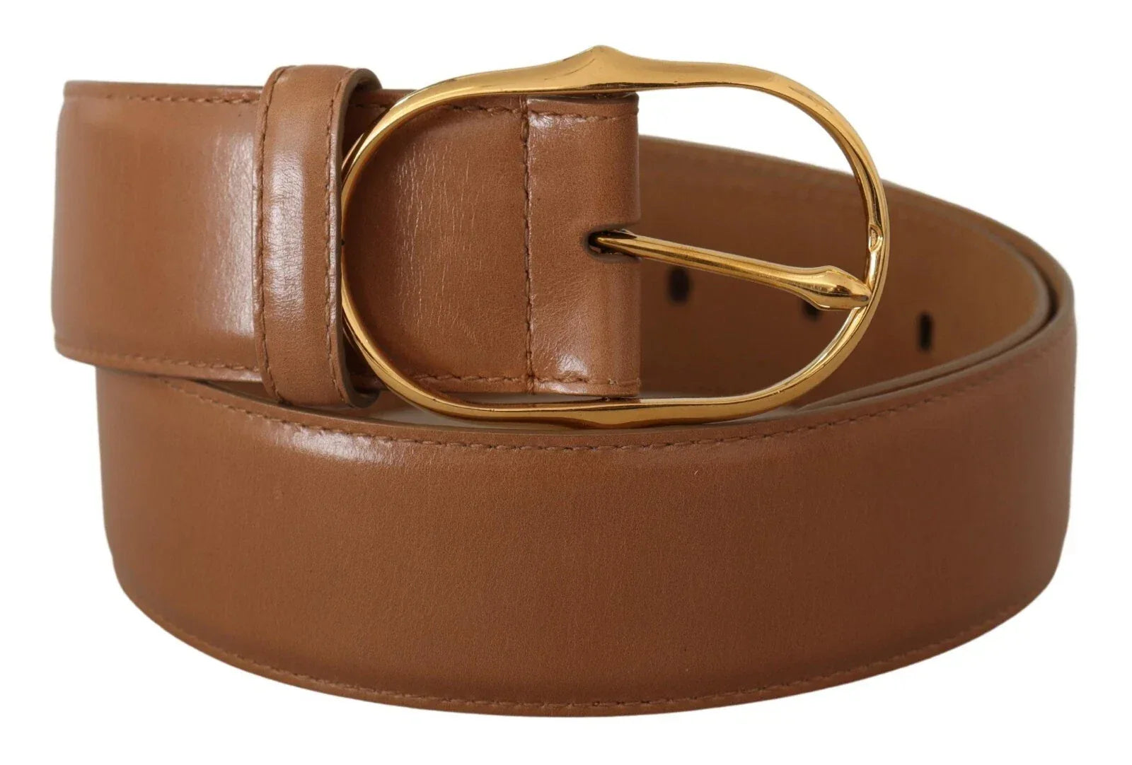 Costume National Brown Leather Gold Metal Oval Buckle Belt - Zeiniez