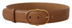 Costume National Brown Leather Gold Metal Oval Buckle Belt - Zeiniez