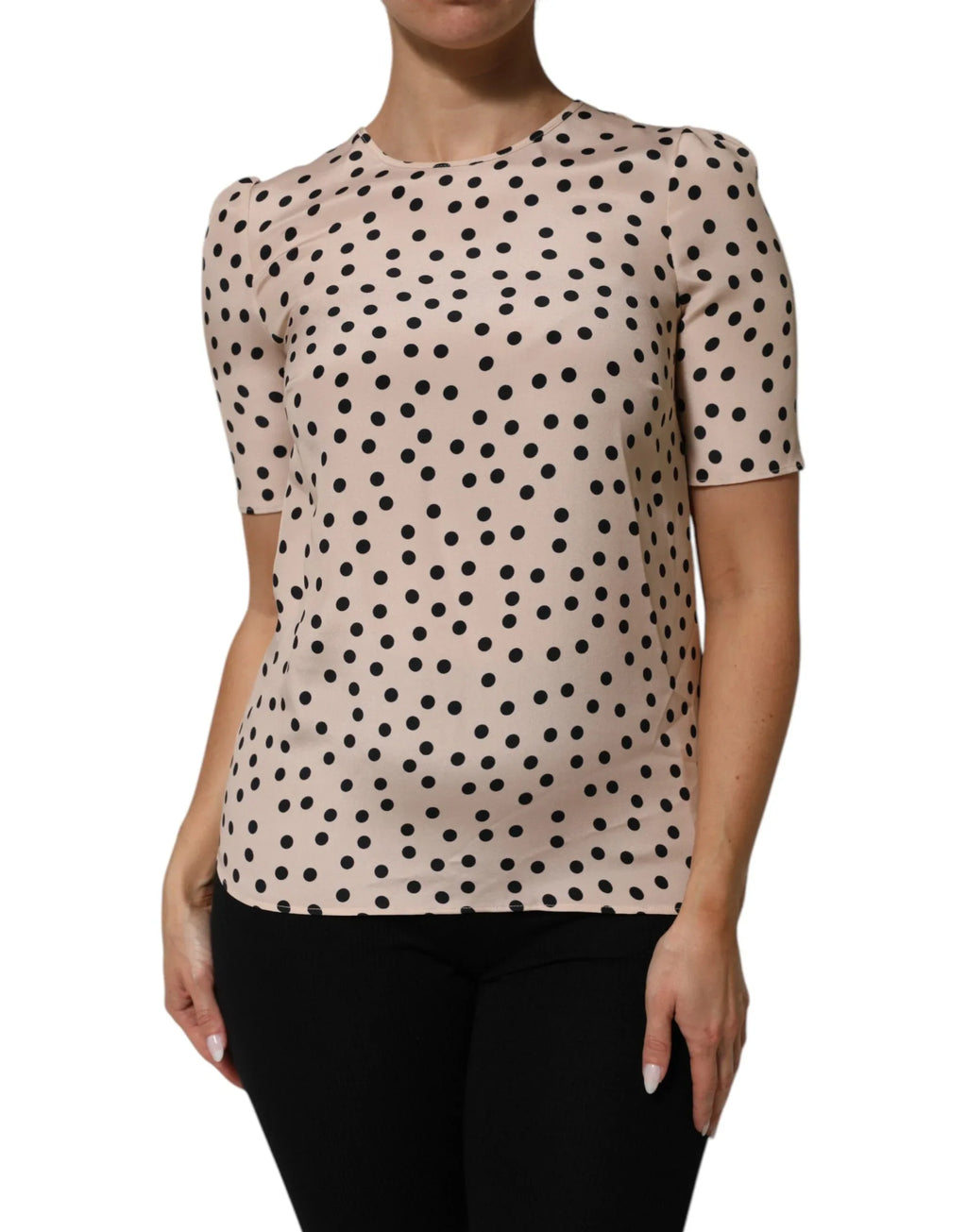 Dolce & Gabbana Beige Black Polka Dot Silk Short Sleeve Blouse Top - Zeiniez
