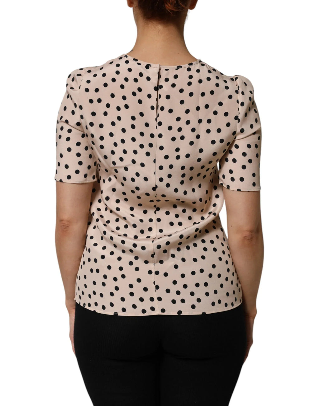 Dolce & Gabbana Beige Black Polka Dot Silk Short Sleeve Blouse Top - Zeiniez