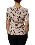 Dolce & Gabbana Beige Black Polka Dot Silk Short Sleeve Blouse Top