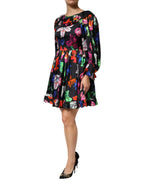 MSGM Dress Black Multicolor Floral Ruffle Long Sleeve Mini Dress - Zeiniez