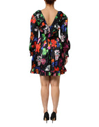 MSGM Dress Black Multicolor Floral Ruffle Long Sleeve Mini Dress - Zeiniez