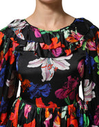 MSGM Dress Black Multicolor Floral Ruffle Long Sleeve Mini Dress - Zeiniez