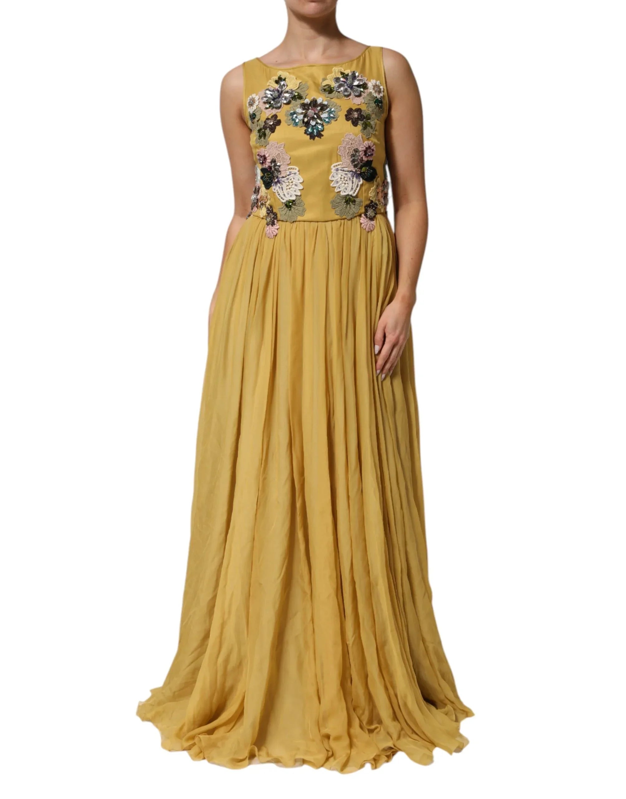 Dolce & Gabbana Yellow Silk Floral Embroidered Maxi Dress - Zeiniez