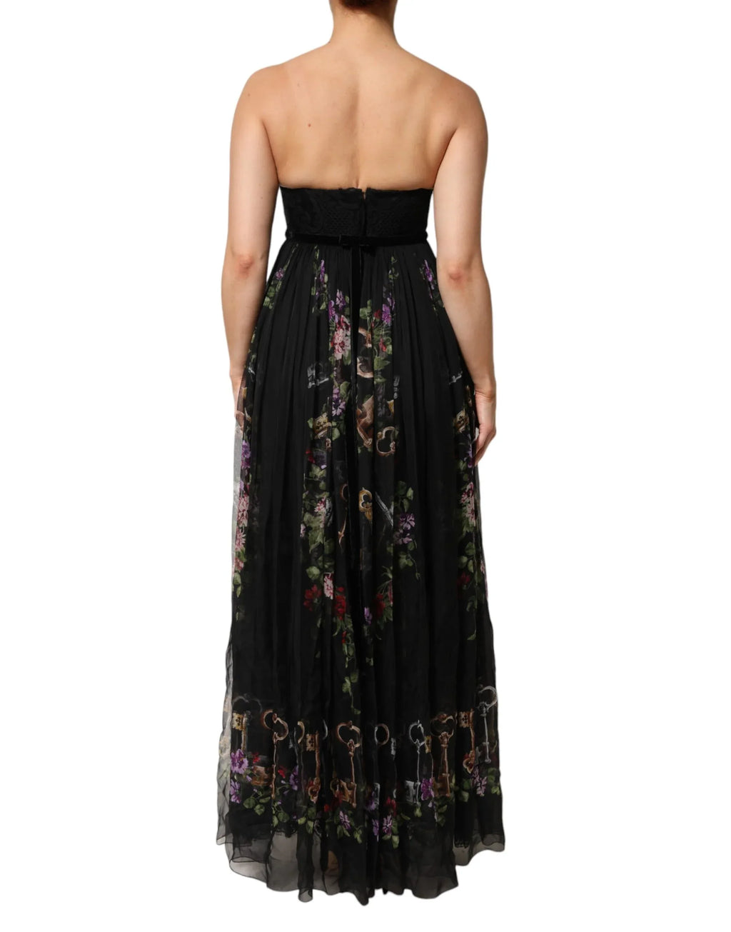 Dolce & Gabbana Black Floral Key Print Crystal Strapless Dress - Zeiniez