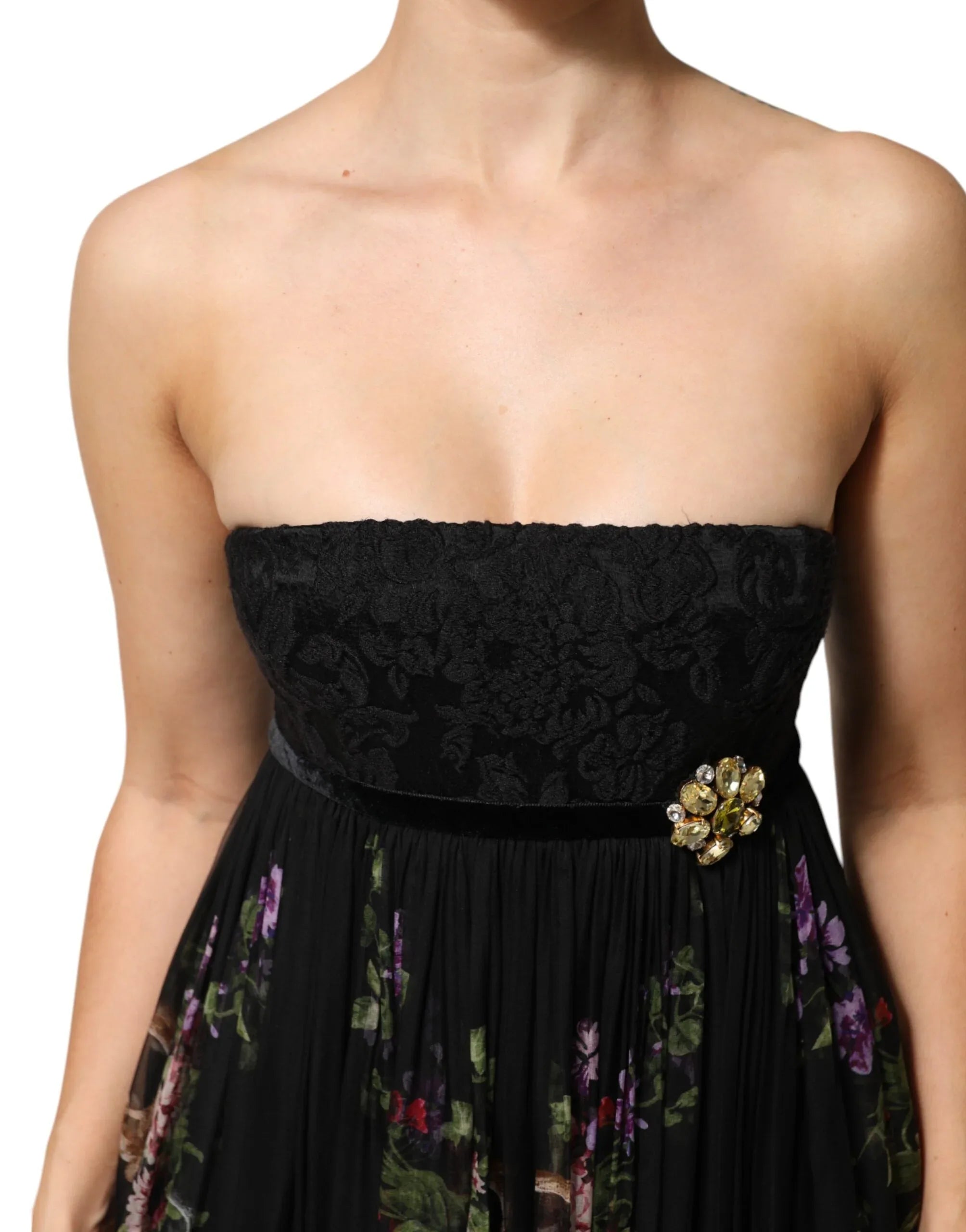 Dolce & Gabbana Black Floral Key Print Crystal Strapless Dress - Zeiniez
