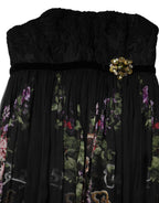Dolce & Gabbana Black Floral Key Print Crystal Strapless Dress