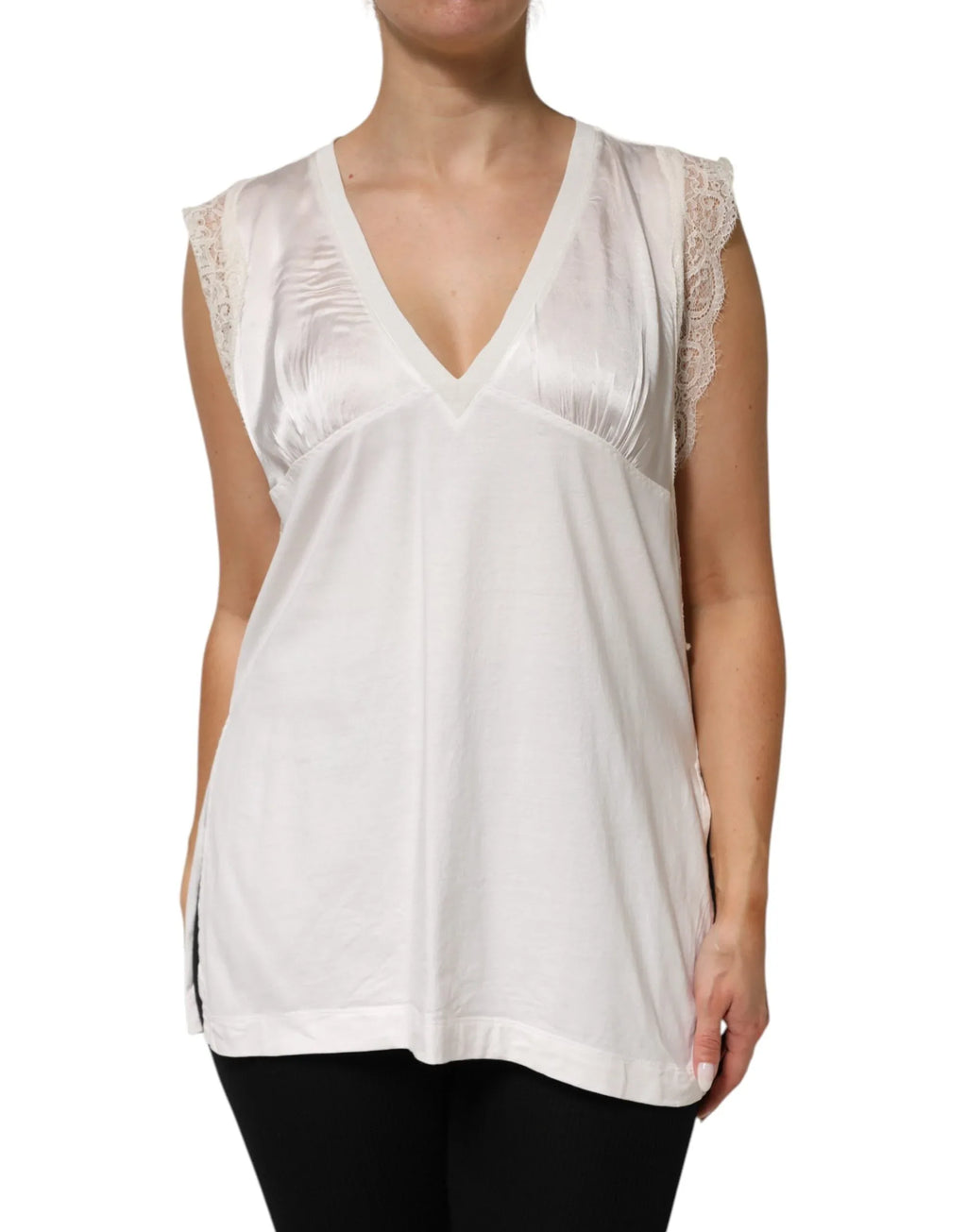 PINKO White Silk Blend Lace Trim Sleeveless V-Neck Women’s Top - Zeiniez