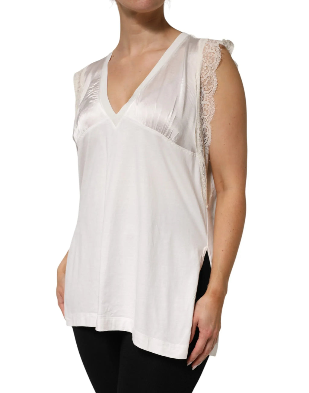 PINKO White Silk Blend Lace Trim Sleeveless V-Neck Women’s Top - Zeiniez