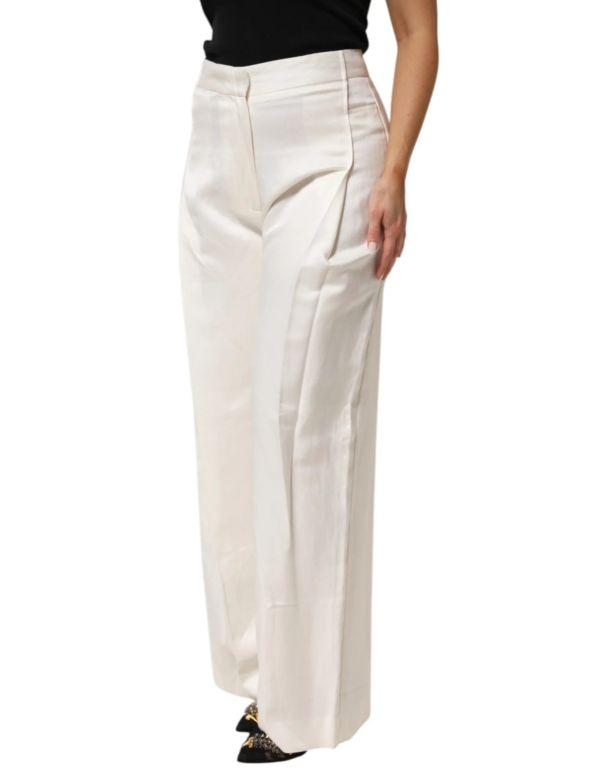 Brian Dales White Viscose Linen Wide Leg Palazzo Womens Pants - Zeiniez