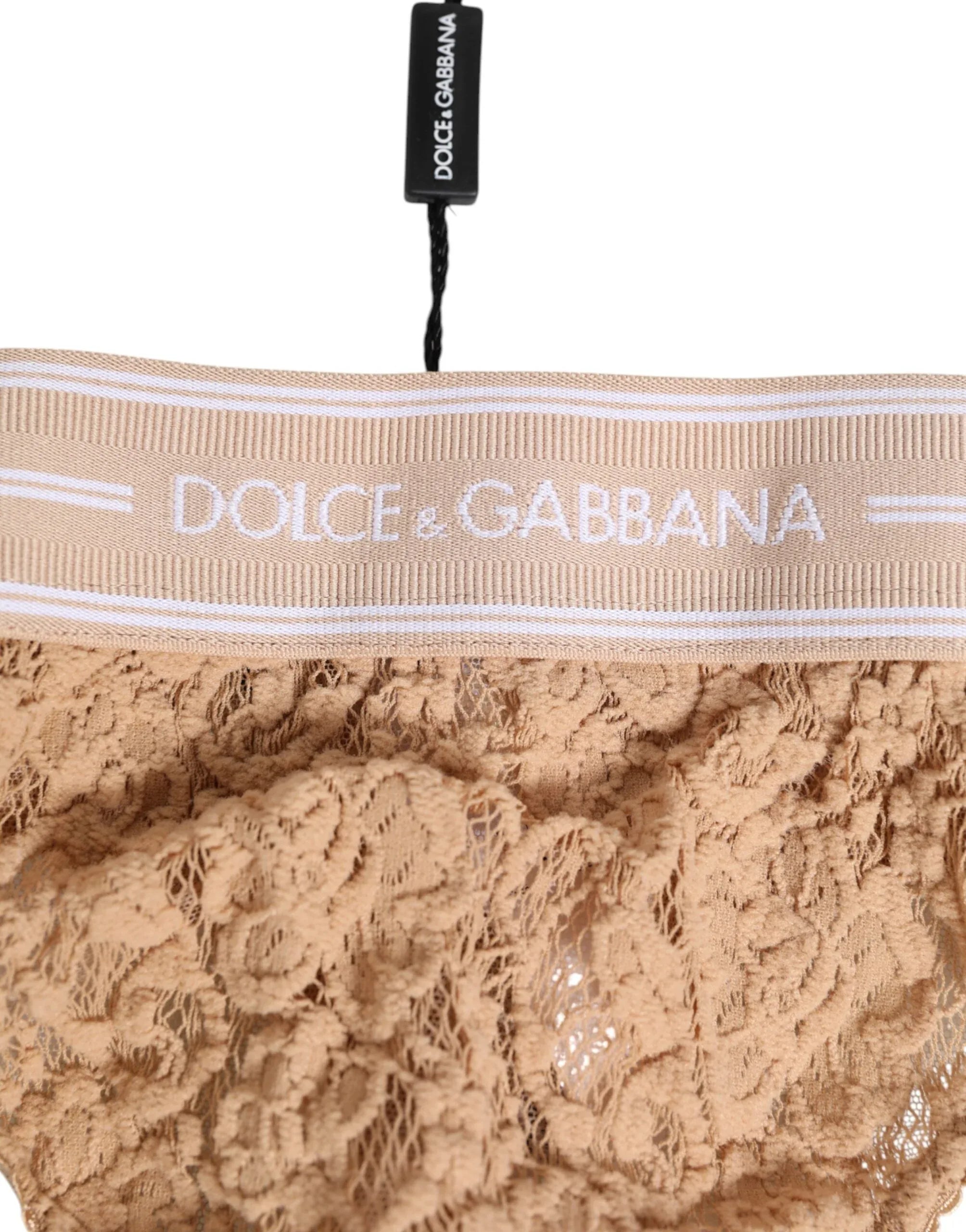 Dolce & Gabbana Beige Lace Logo Elastic Waist Thong Tanga Underwear - Zeiniez