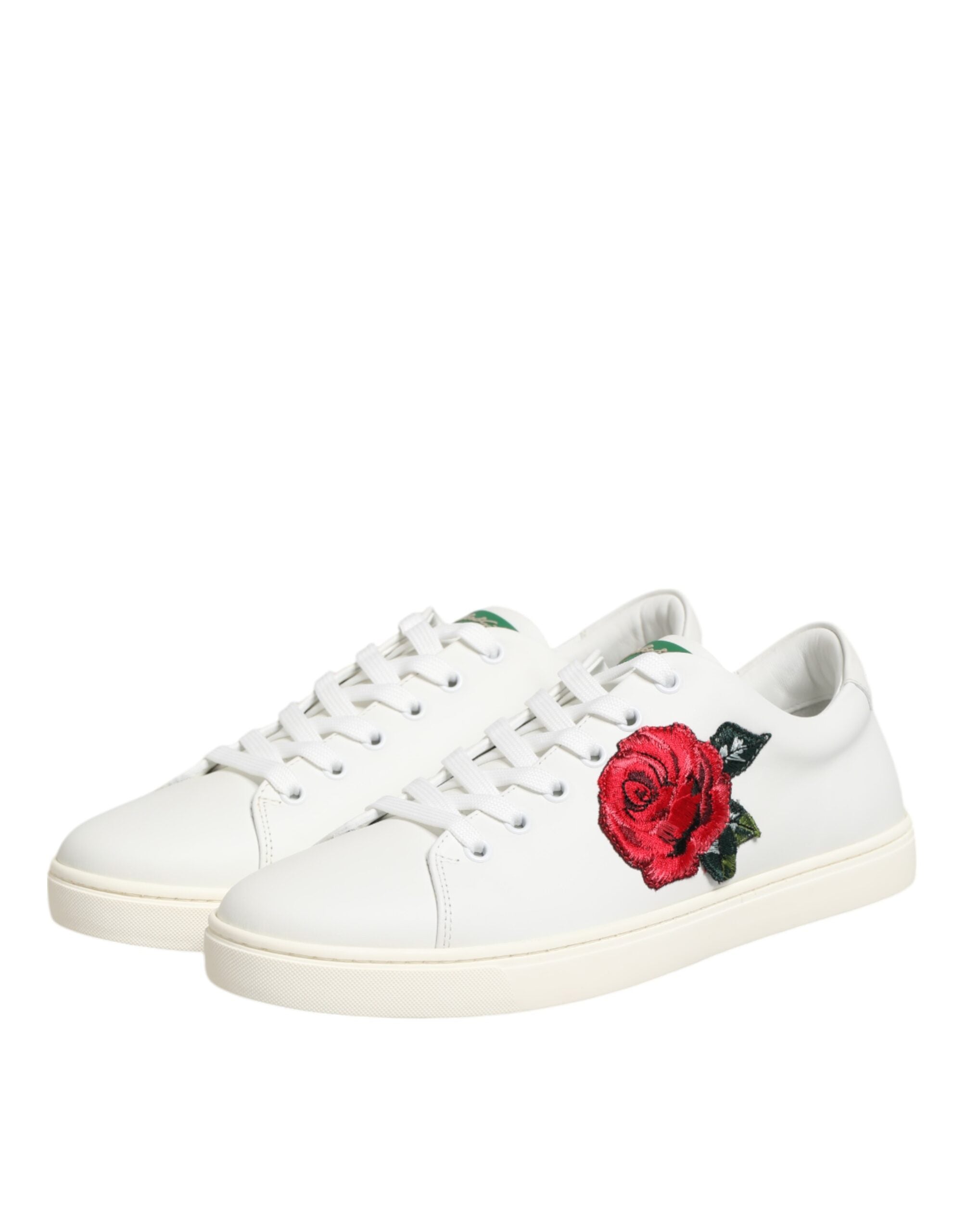 Dolce & Gabbana White Leather Rose Embroidery Low-Top  Shoes - Zeiniez