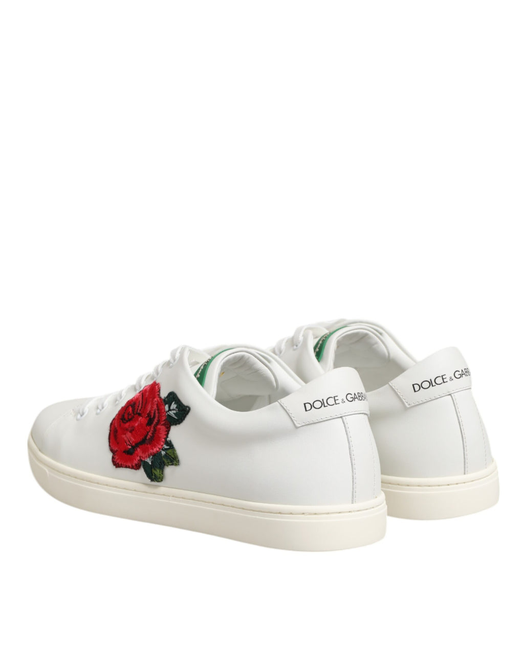 Dolce & Gabbana White Leather Rose Embroidery Low-Top  Shoes - Zeiniez
