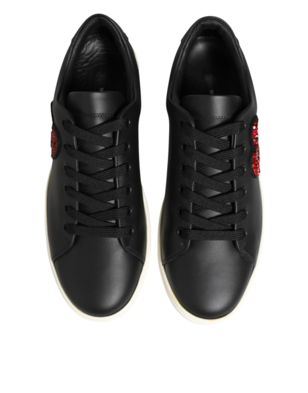 Dolce & Gabbana Black White Leather Crystal Heart Sneakers Shoes - Zeiniez