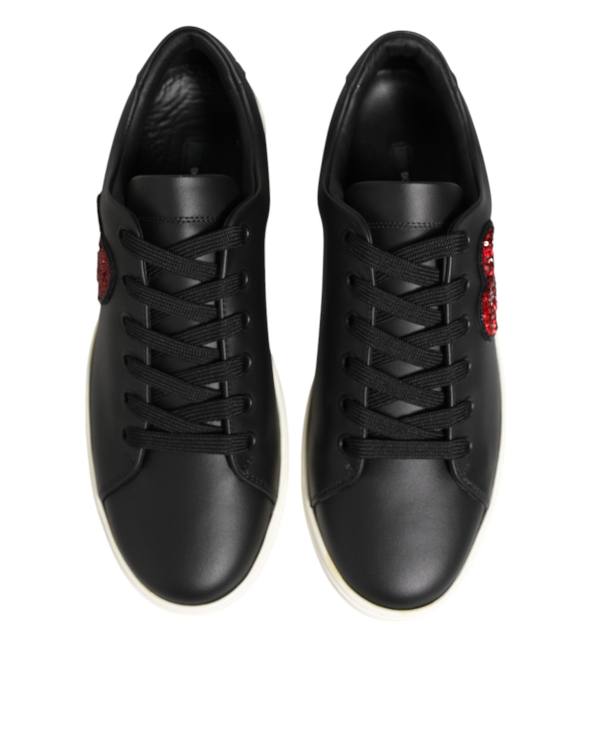 Dolce & Gabbana Black White Leather Crystal Heart Sneakers Shoes - Zeiniez