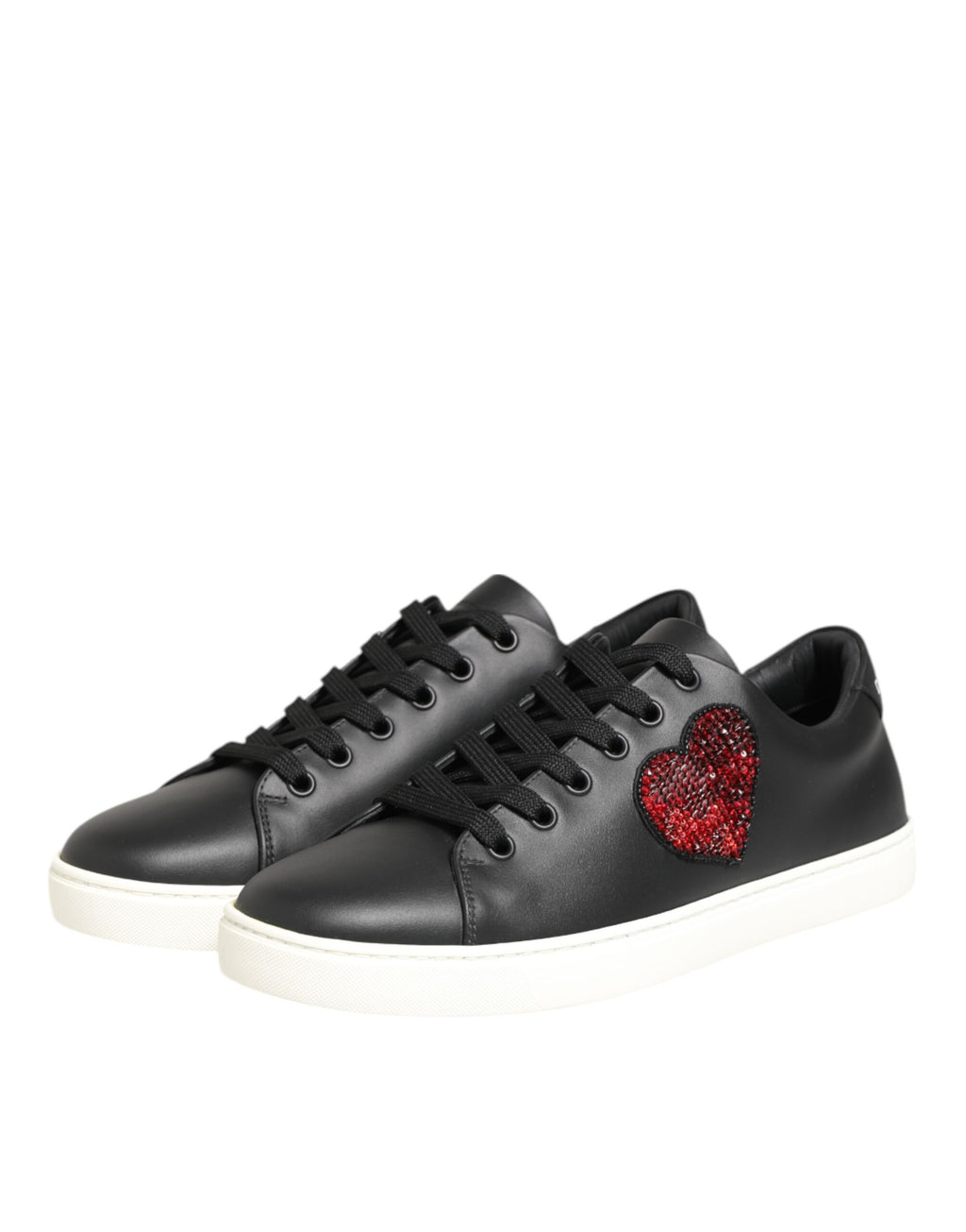 Dolce & Gabbana Black White Leather Crystal Heart Sneakers Shoes - Zeiniez