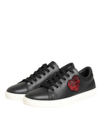 Dolce & Gabbana Black White Leather Crystal Heart Sneakers Shoes - Zeiniez