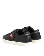 Dolce & Gabbana Black White Leather Crystal Heart Sneakers Shoes - Zeiniez