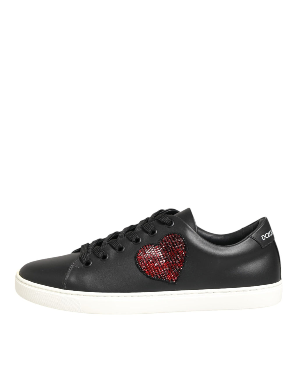 Dolce & Gabbana Black White Leather Crystal Heart Sneakers Shoes - Zeiniez