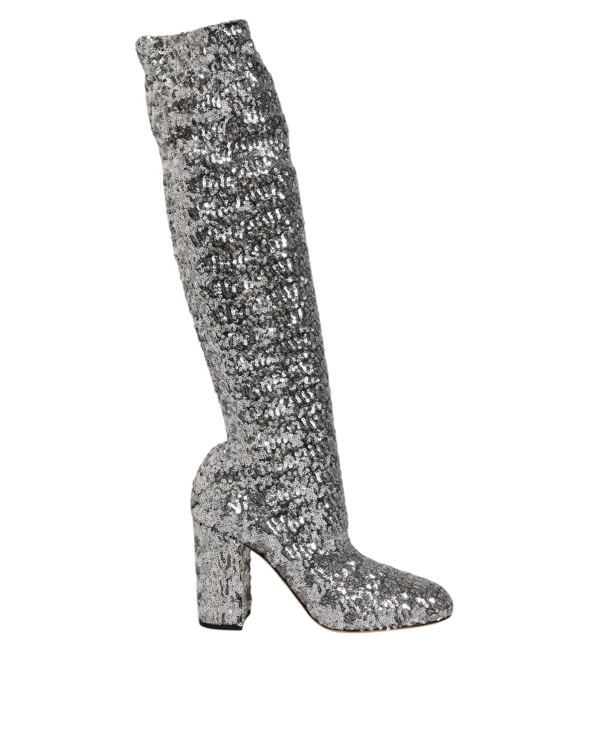 Dolce & Gabbana Shoes Silver Sequins Glitter High Heel Boot Shoes - Zeiniez
