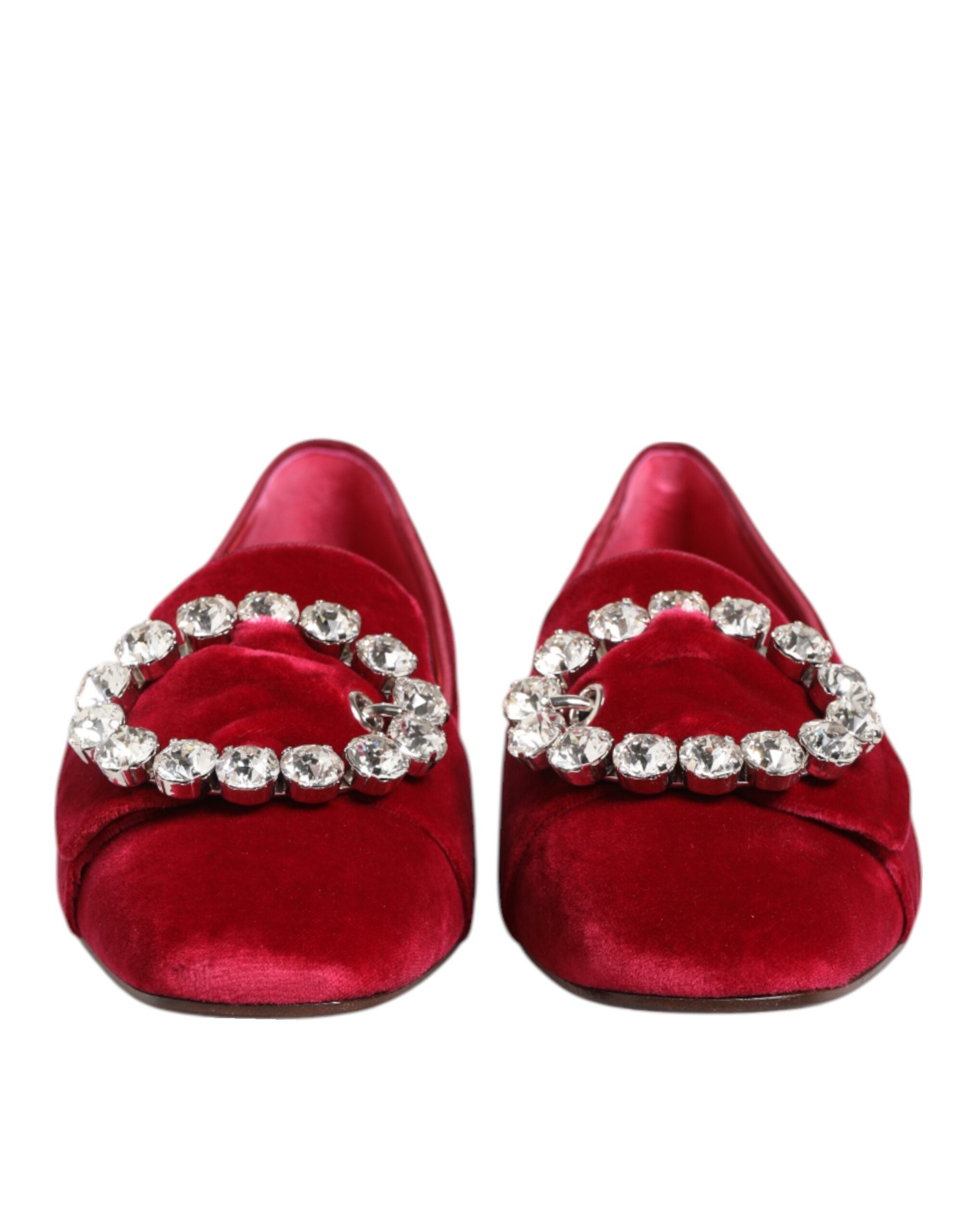 Dolce & Gabbana Red Velvet Crystal Buckle Loafers Flats Shoes - Zeiniez