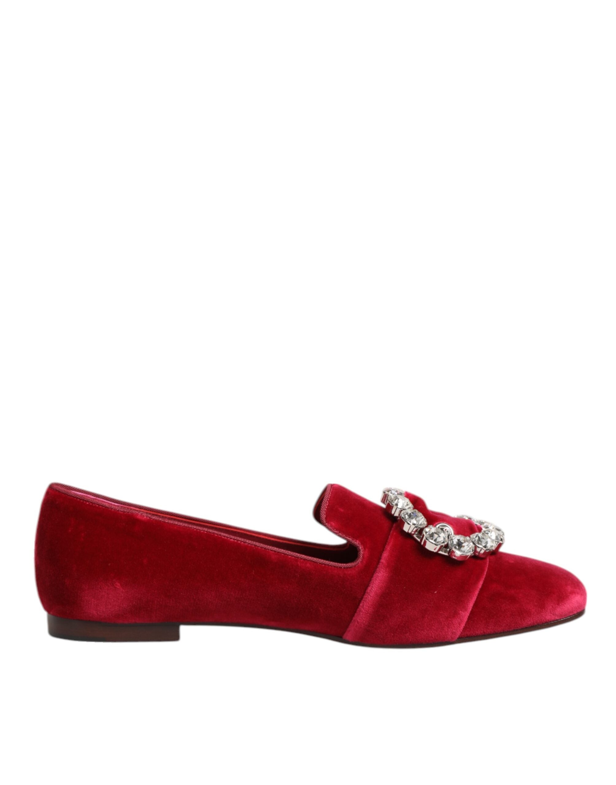 Dolce & Gabbana Red Velvet Crystal Buckle Loafers Flats Shoes - Zeiniez