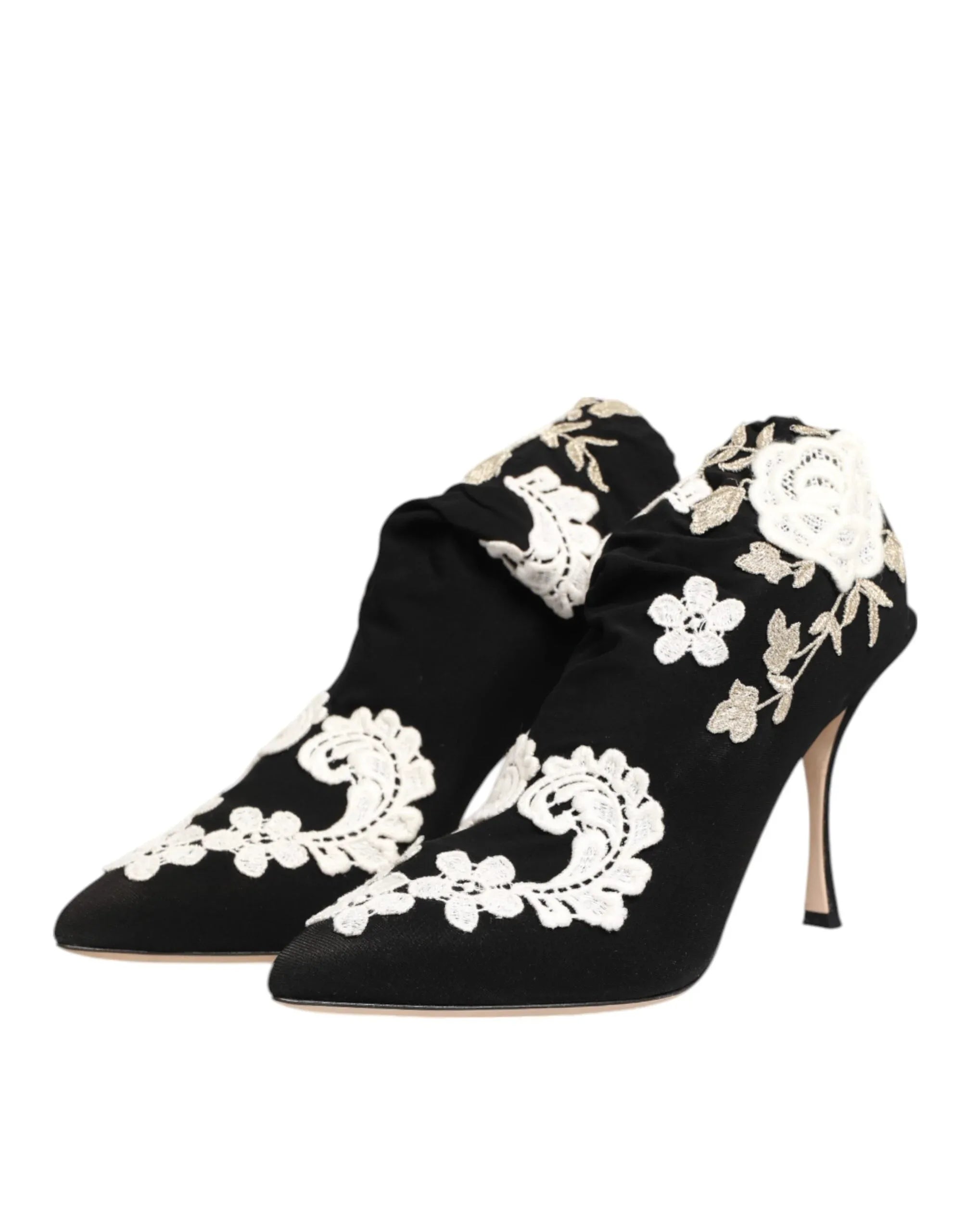 Dolce & Gabbana Black White Embroidered Jersey Stiletto Boots Shoes - Zeiniez