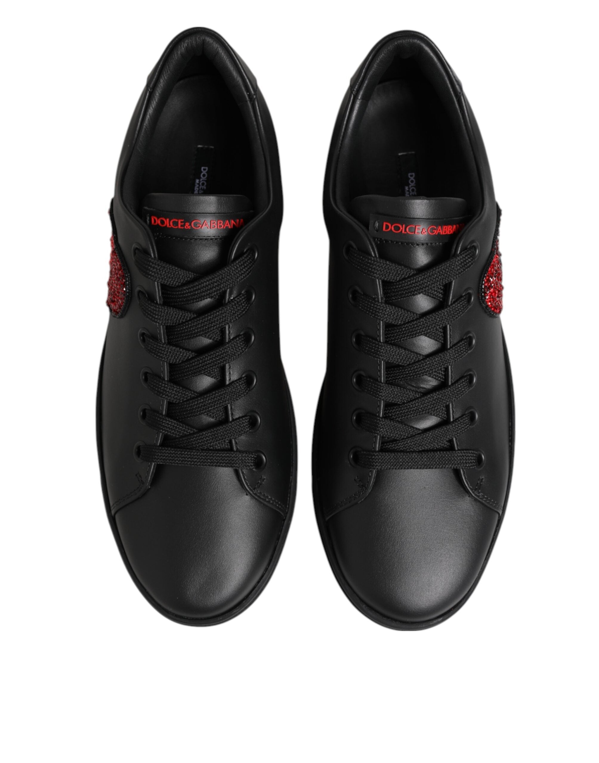 Dolce & Gabbana Black Leather Crystal Heart Low Top Sneakers  Shoes - Zeiniez