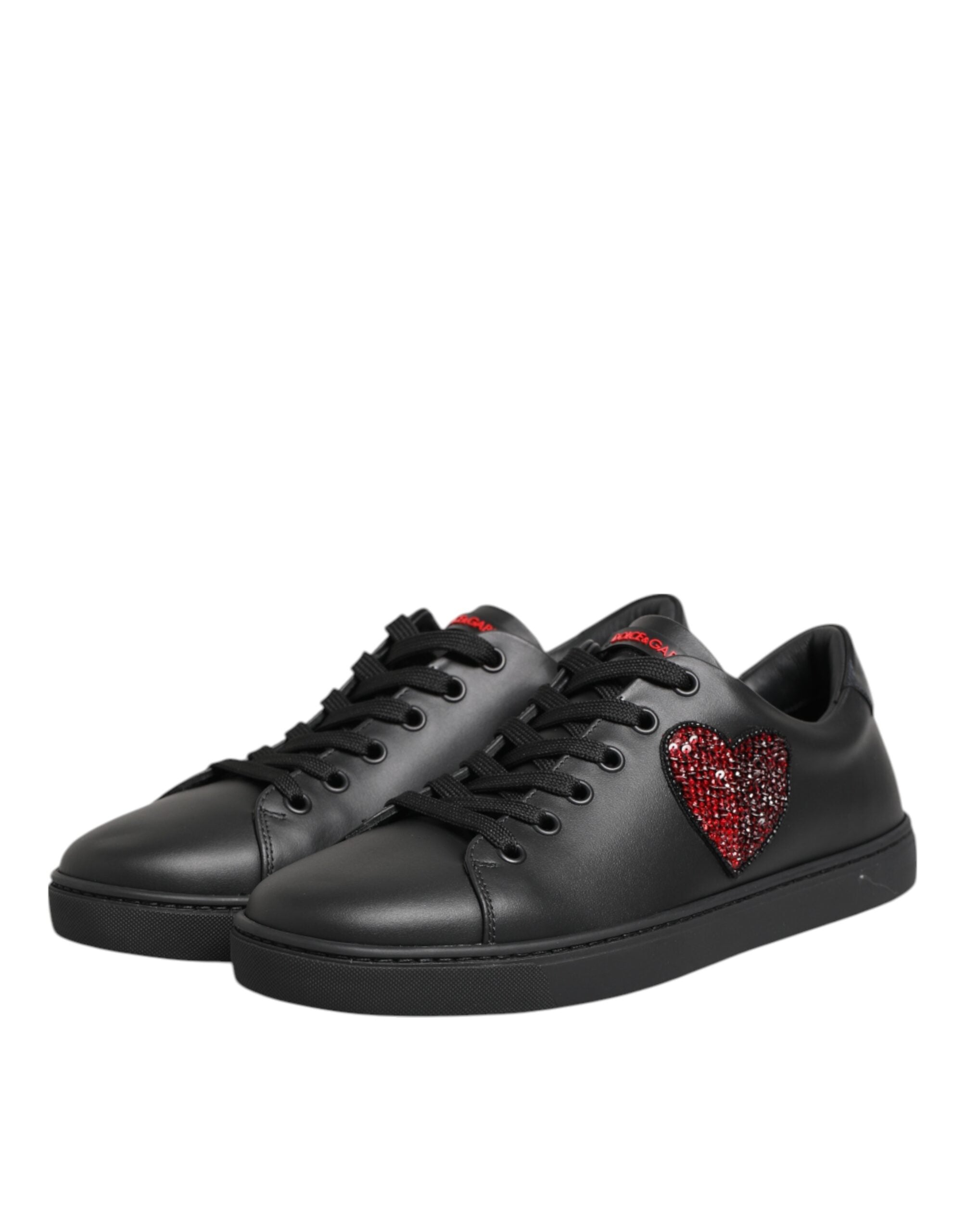 Dolce & Gabbana Black Leather Crystal Heart Low Top Sneakers  Shoes - Zeiniez