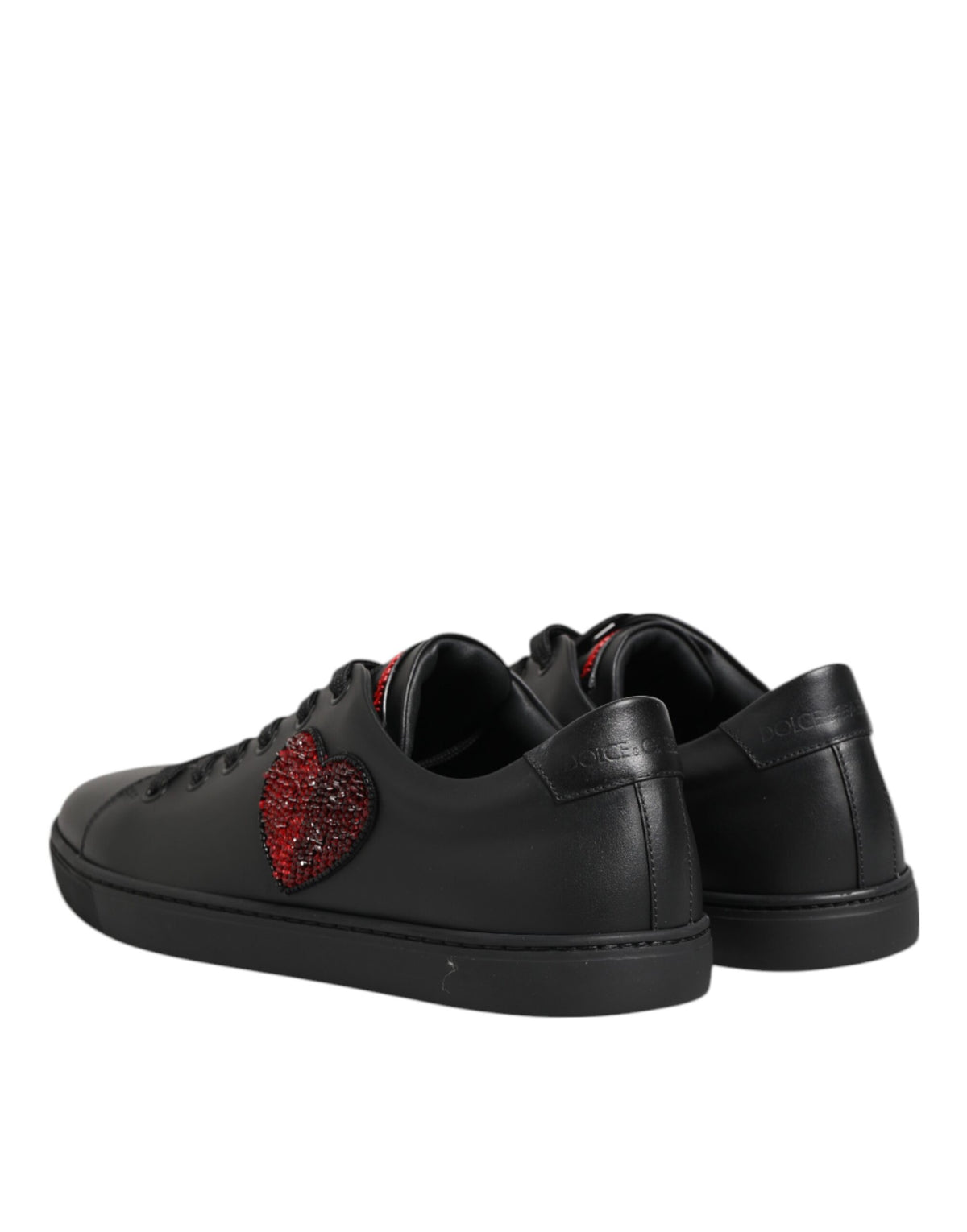 Dolce & Gabbana Black Leather Crystal Heart Low Top Sneakers  Shoes