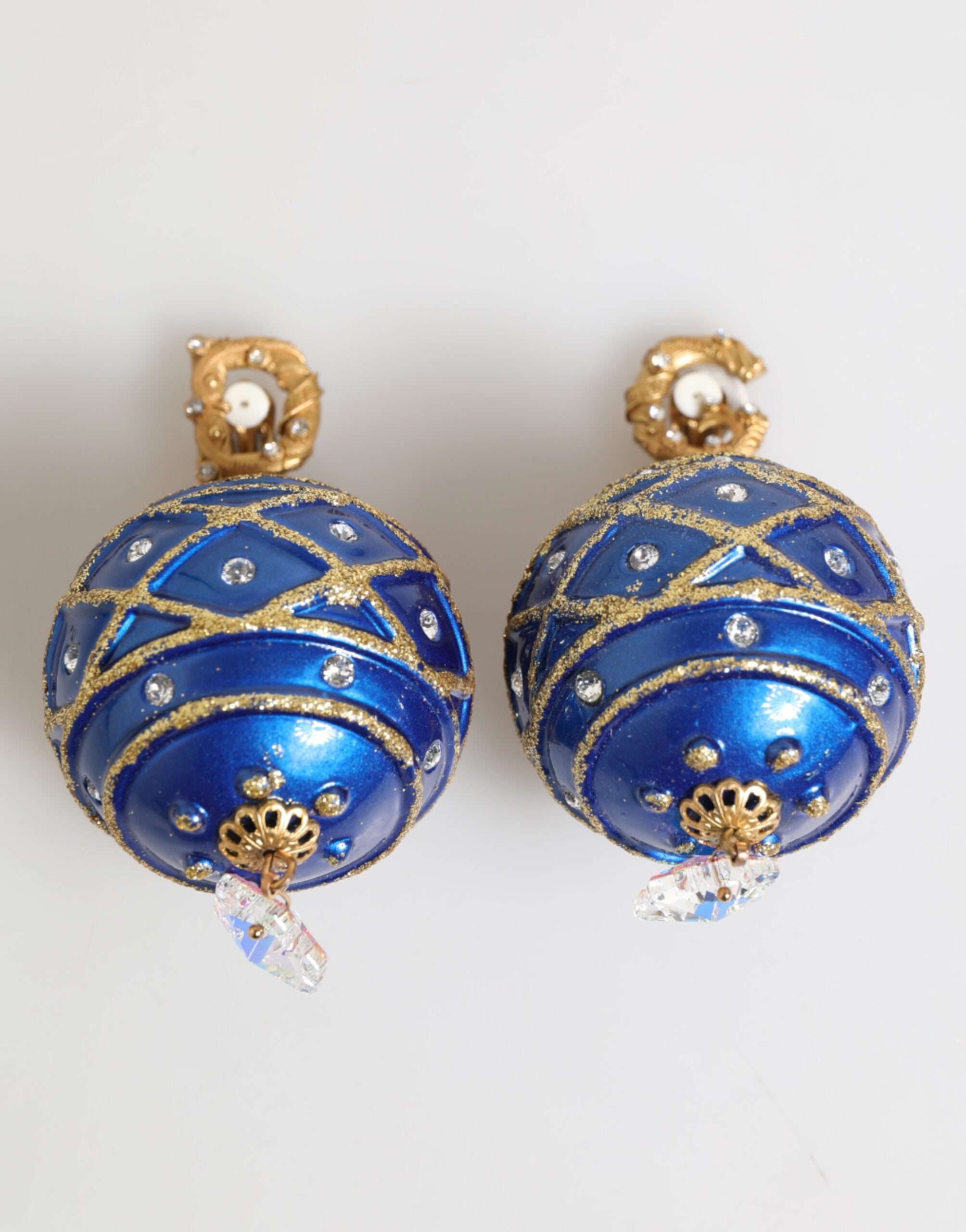 Dolce & Gabbana Gold Brass Blue Christmas Ball Crystal Drop Clip On Earrings - Zeiniez