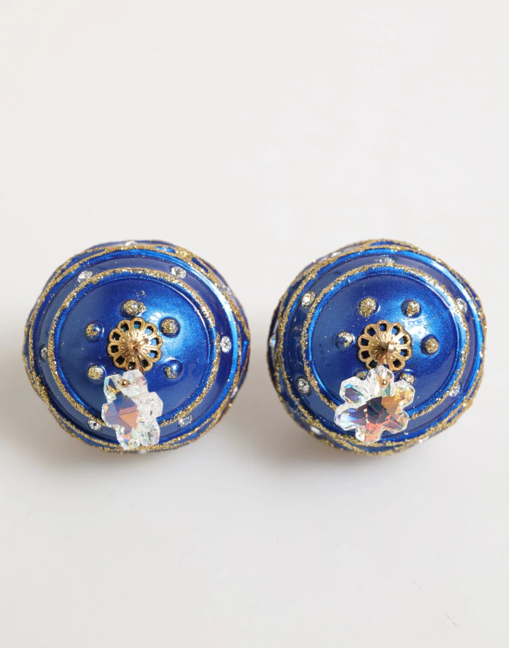 Dolce & Gabbana Gold Brass Blue Christmas Ball Crystal Drop Clip On Earrings - Zeiniez